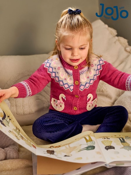 JoJo Maman Bébé Rose Pink Swan Knit Fair Isle Cardigan (B01194) | €38