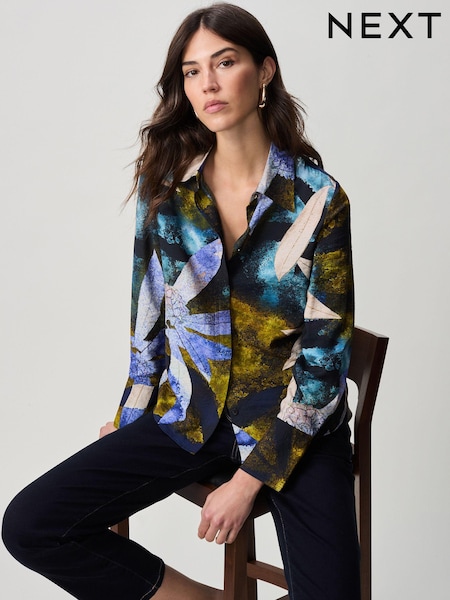 Blue/Green Leaf Print Long Sleeve Button Down Shirt (B01196) | €15