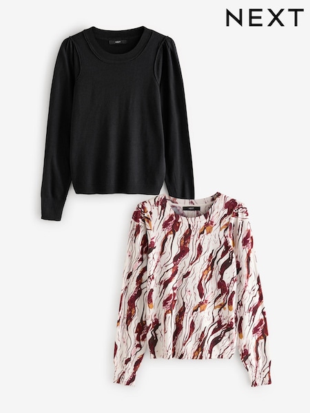 Black/Abstract Print Crew Neck Long Sleeve Jumper 2 Pack (B01292) | €9
