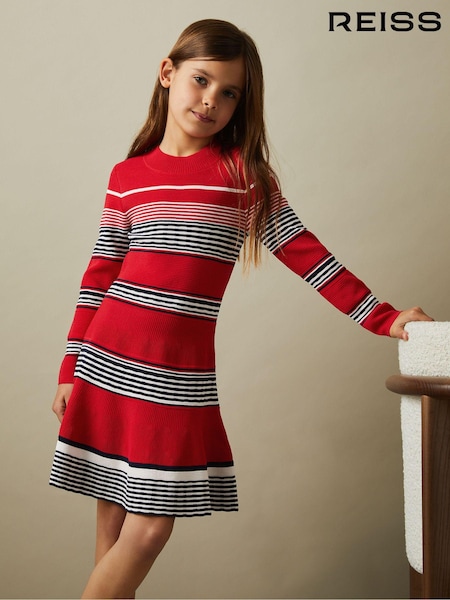 Reiss Red Remi 9-13 yrs Knitted Striped Skater Dress (B01298) | AED475