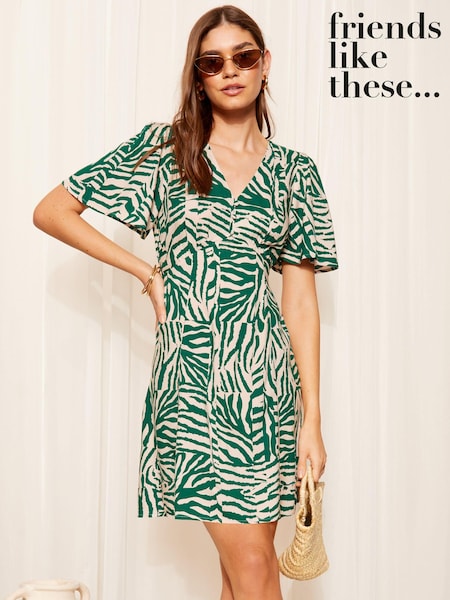Friends Like These Green Short Sleeve Ruched Front Woven Mini Dress (B01310) | €16