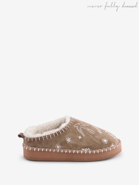 Never Fully Dressed Tan Brown Embroidered Mule Slippers (B01368) | €50
