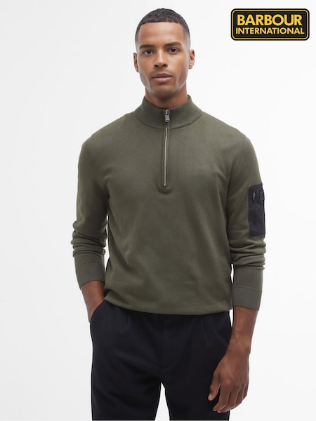 Barbour® International Olive Green Blades Cotton 1/4 Zip 100% Cotton Knit Jumper (B01433) | €59