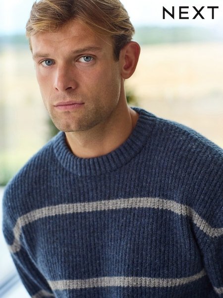 Blue Regular Fit Horizontal Stripe Crew Jumper with Wool (B01459) | €18