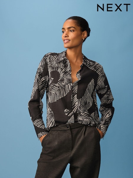  Imprimeu geometric monocrom - Long Sleeve Button Down Shirt (B01513) | 110 LEI