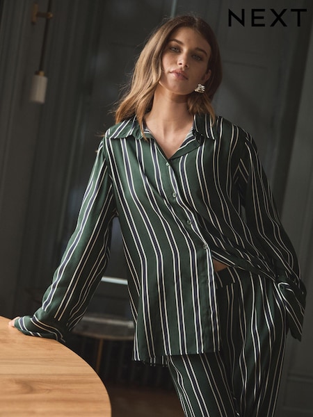 Green Stripe Viscose Blend Long Sleeve Shirt (B01514) | €26
