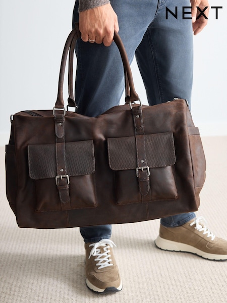 Brown Textured Oily Leather Holdall (B01689) | AED569