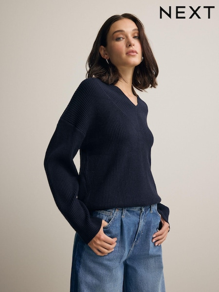 Blue Navy V-Neck Knit Jumper (B01807) | AED81