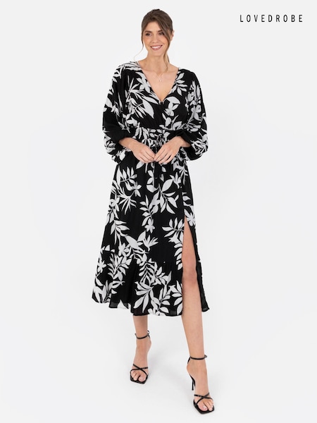 Lovedrobe Balloon Sleeve Thigh Split Black Midi Dress (B01859) | €38