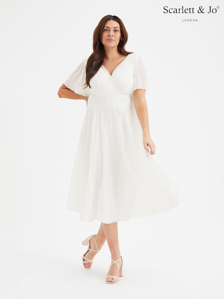 לבן - Scarlett & Jo Victoria Angel Sleeve Mesh Midi Long Dress (B01948) | ‏402‏₪
