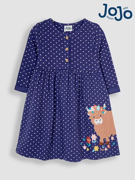 JoJo Maman Bébé Navy Blue Highland Cow Appliqué Button Front Dress (B01978) | €39