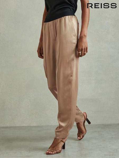 Reiss Champagne Elea Satin Elasticated Tapered Trousers (B02003) | $270