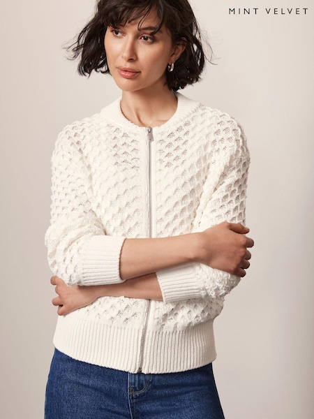 Mint Velvet White Cream Cotton Bomber Jacket (B02042) | €29