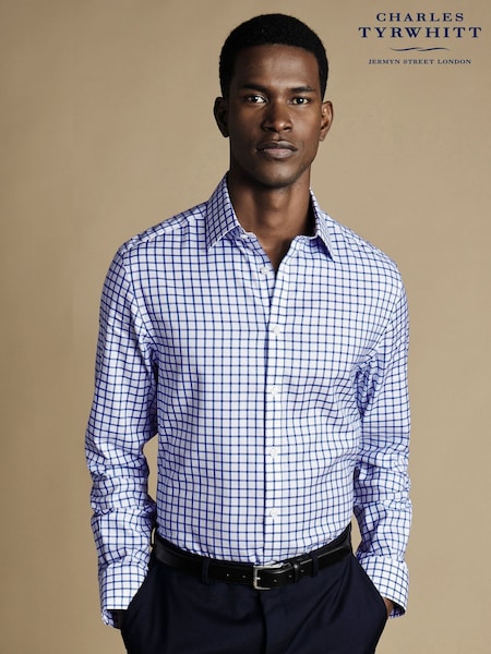 Charles Tyrwhitt Blue Slim Fit Non Iron Twill Grid Check 100% Cotton Shirt (B02183) | kr1 370