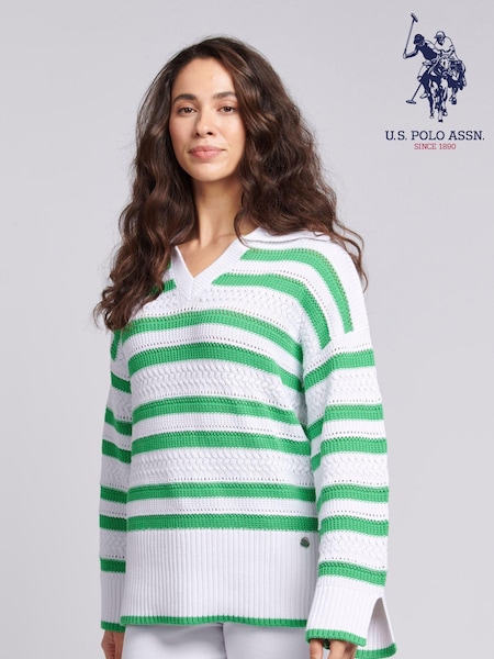 U.S. Polo Assn. Green Oversized Womens Pointelle Knit Collar Jumper (B02238) | €35