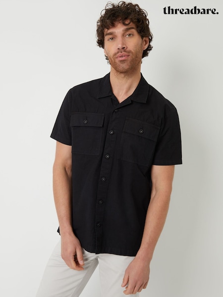 Threadbare Black 100% Cotton Revere Collar Utility Short Sleeve Shirt (B02294) | €17