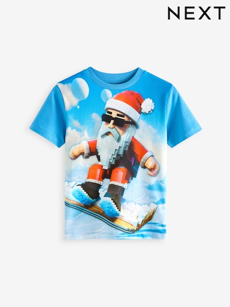 Blue Santa Pixel Short Sleeve Christmas 100% Cotton T-Shirt (3-16yrs) (B02524) | €10 - €14