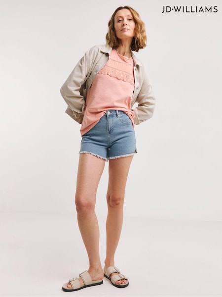 JD Williams Pink Mixed Broderie 3/4 Sleeve 100% Cotton Top (B02558) | €16