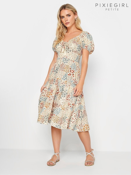 PixieGirl Petite Cream Ditsy Floral Print Tiered Midi Dress (B02753) | €22