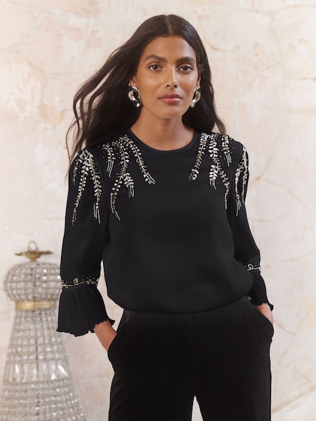 Love & Roses Black Petite Embellished Crew Neck Flute Sleeve Blouse (B02759) | €36