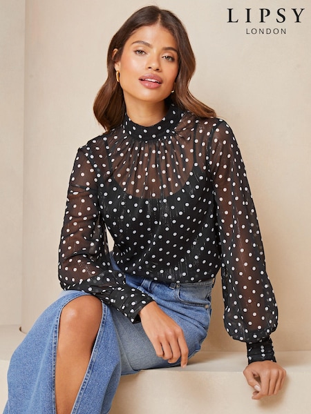 Черный с узором в горошек - Lipsy High Neck Long Sleeve Blouse (B02985) | €9
