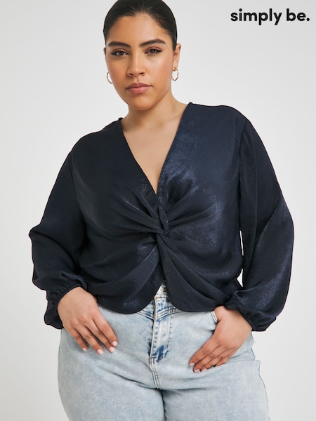 Simply Be Blue Knot Front Velvet Satin Blouse (B04007) | €17.50