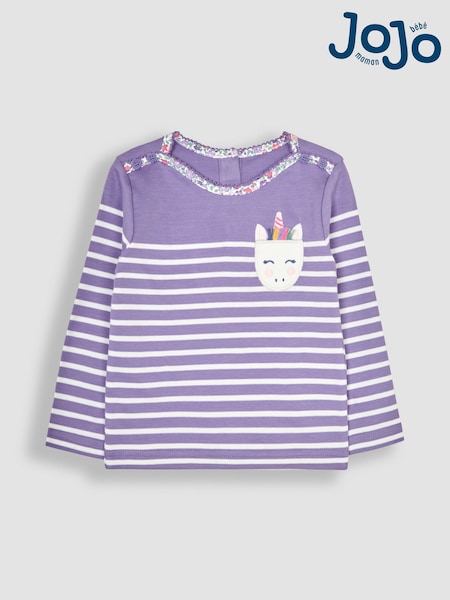 JoJo Maman Bébé Lilac Purple Unicorn Cotton Long Sleeve Pocket Breton Top (B04013) | €26