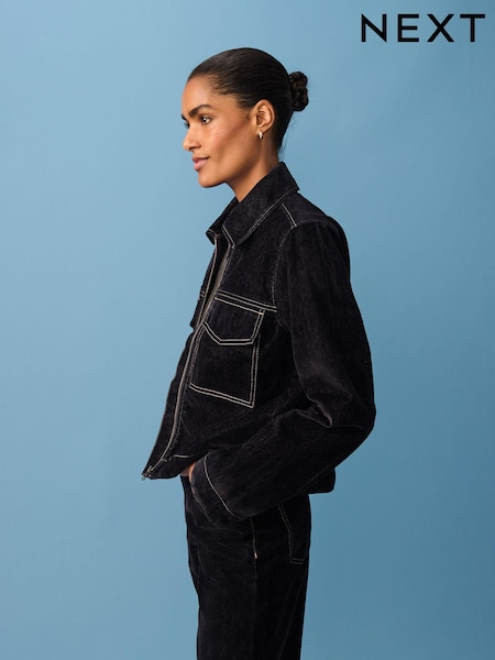 Bleumarin Velvet Flocked - Clean Zip Front Denim 100% Cotton Jacket (B04035) | 221 LEI