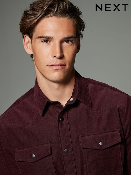 أحمر عنابي - Cord Twin Pocket Western Long Sleeve 100% Cotton Shirt (B04055) | ‏116 د.إ.‏