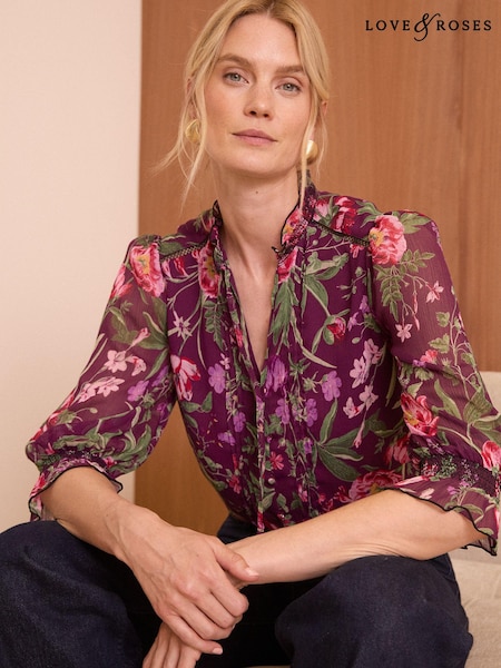 Floral - Love & Roses Printed V Neck Shirred Cuff Blouse (B04077) | 139 LEI