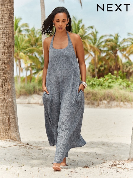 Denim Blue Rochelle Humes 100% Linen Textured Halter Dress (B04096) | €44