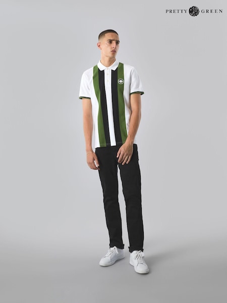 أبيض - Pretty Green Stripe Knitted 100% Cotton Polo Shirt (B04130) | ‏204 د.إ.‏