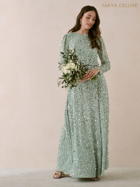 Maya Green All Over Embellished Long Sleeve Modest Maxi Dress (B04197) | €116