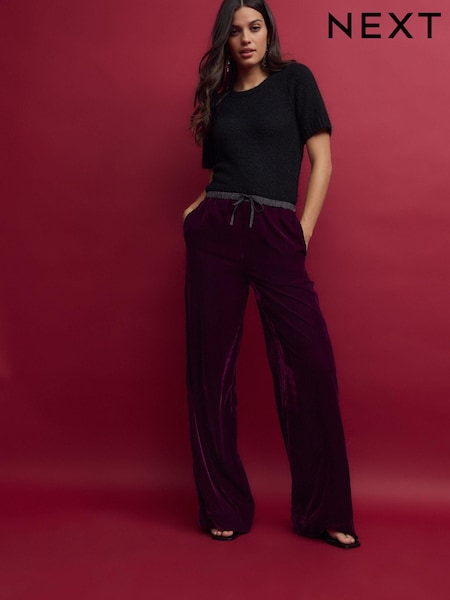 Berry Red Velvet Wide Leg Trousers (B04209) | €24