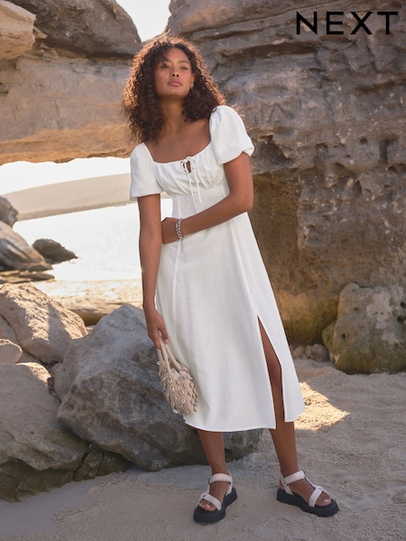 Alb - Rochie midi cu mâneci bufante (B04290) | 212 LEI