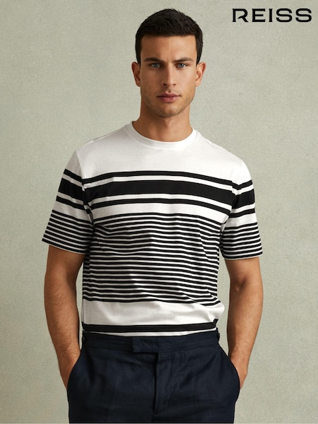 Reiss White/Navy Lory Mercerised Cotton Striped Crew Neck T-Shirt (B04293) | 426 QAR