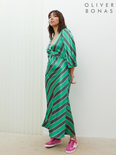 Oliver Bonas Green Diagonal Stripe Twist Midi Dress (B04322) | €26