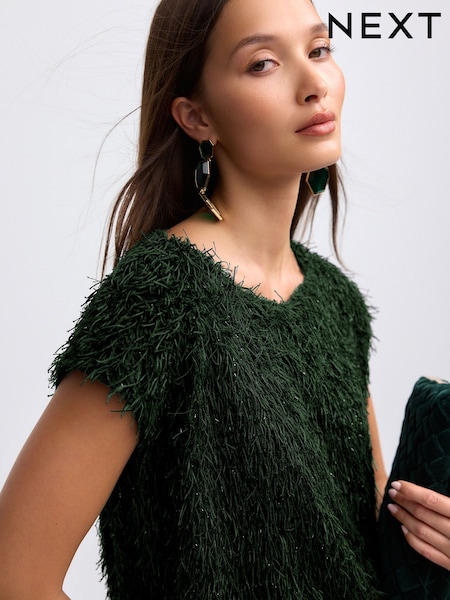 Green Short Sleeve Fluffy Top (B04367) | 56 QAR