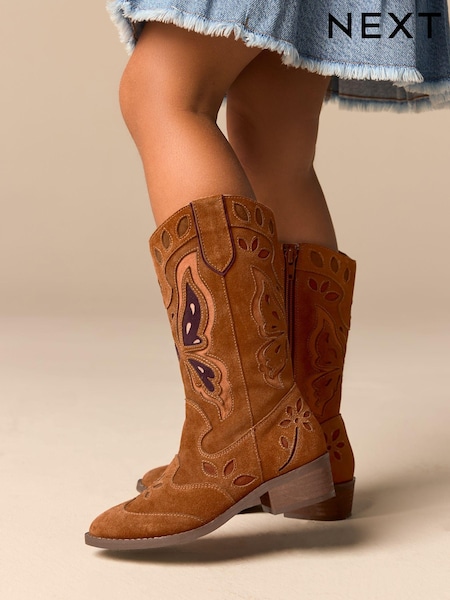 Tan Brown Suede Butterfly Western Boots (B04386) | $111 - $123