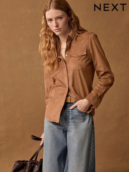 Tan Brown Long Sleeve Faux Suede Shirt (B04427) | €18