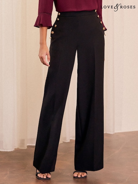Love & Roses Military Button Wide Leg Tailored Trousers (B04519) | 201 LEI