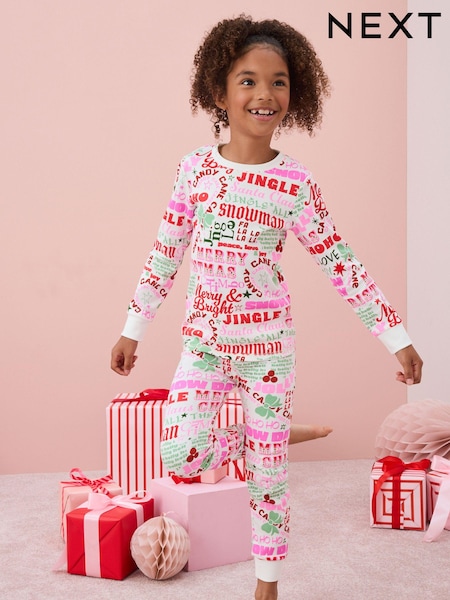 White/Pink Typography 100% Cotton Christmas Pyjamas (9mths-16yrs) (B04616) | AED42 - AED67