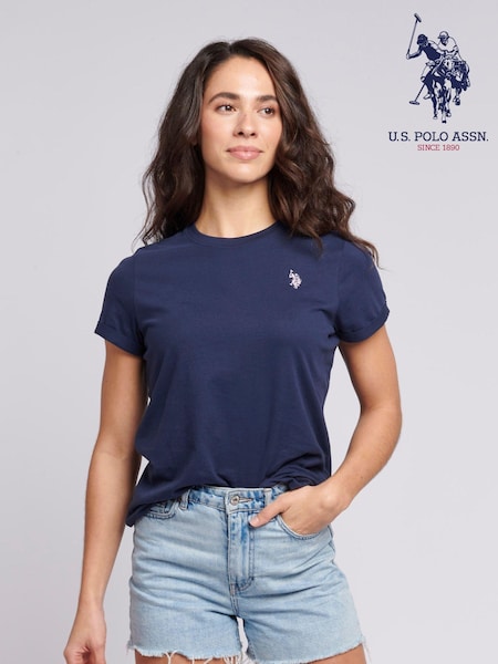 أزرق - U.S. Polo Assn. Womens Crew Neck Double Horsemen 100% Cotton T-Shirt (B04705) | ‏146 د.إ.‏