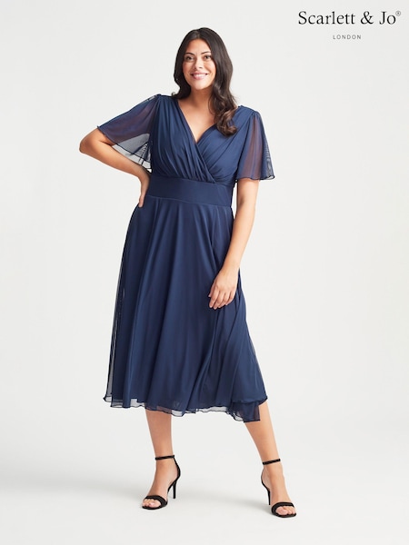 Scarlett & Jo Blue Light Victoria Angel Sleeve Mesh Midi long Dress (B04749) | 396 QAR