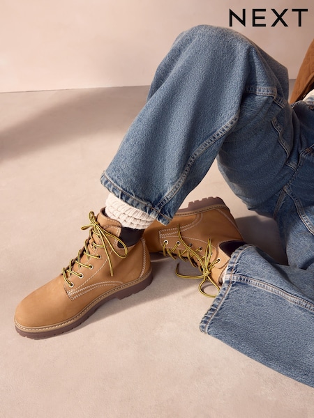 Tan Brown Leather Standard/Wide Fit Forever Comfort® Lace-Up Collared Boots (B04770) | 152 QAR