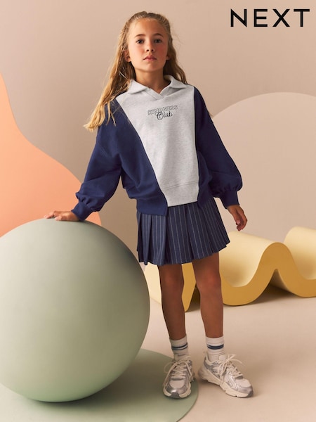 Navy/Grey 100% Cotton Sweatshirt And Pleated Pinstripe Skort Set (3-16yrs) (B04813) | AED88 - AED109