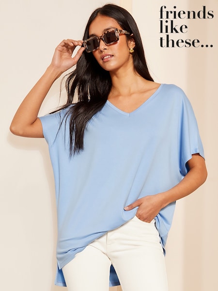 Friends Like These Cornflower Blue Short Sleeve V Neck Tunic Top (B04818) | $38