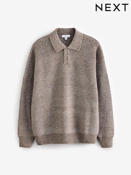 Neutral Relaxed Fit Rib Texture Polo Neck Jumper with Wool (B04838) | 98 SAR