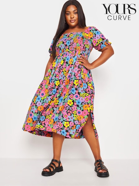 Yours Curve Black Floral Print Shirred Midi Dress (B04853) | R$ 335