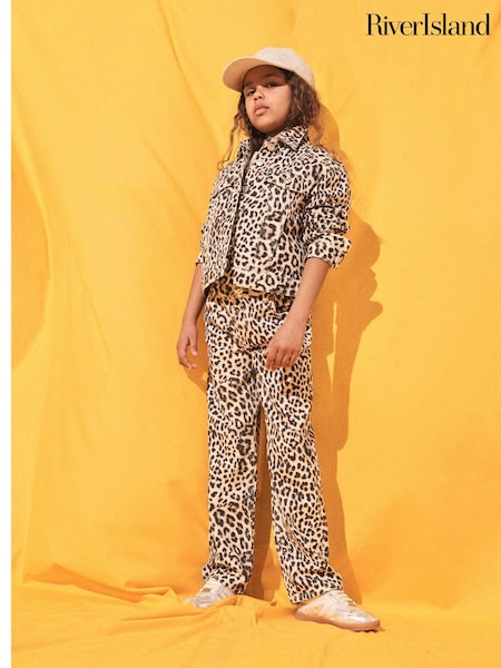River Island Brown Girls Straight Fit Leopard Print 100% Cotton Jeans (B04937) | €15.50